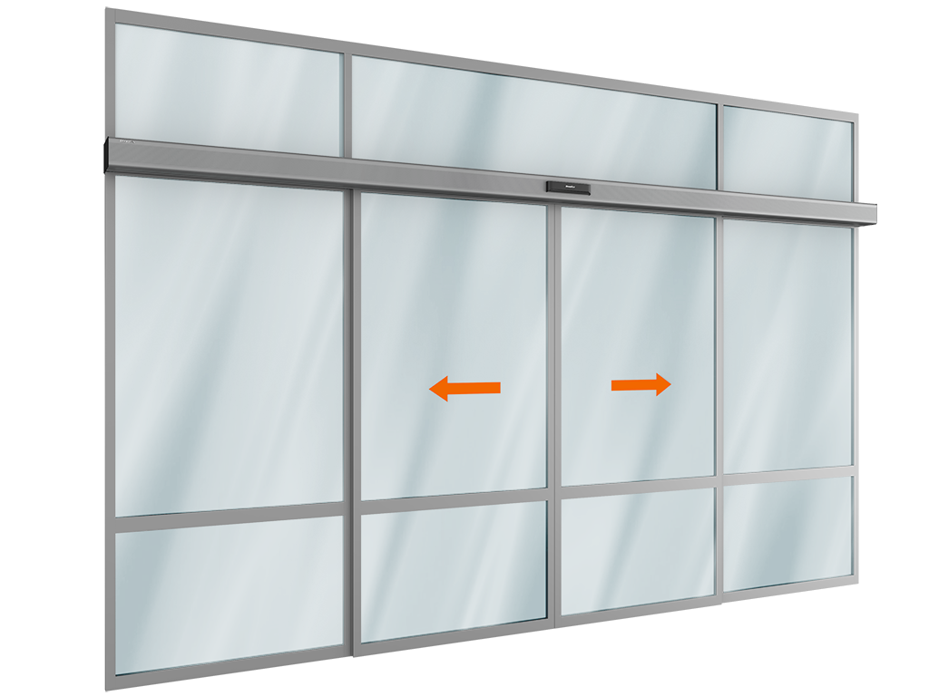 Комплект автоматической раздвижной двери (две подвижные, две неподвижные створки и фрамуга сверху) для привода серии ad-sp